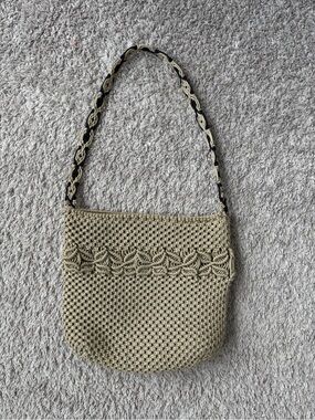 Beige Crochet Shoulder Bag with Black-Trim Strap